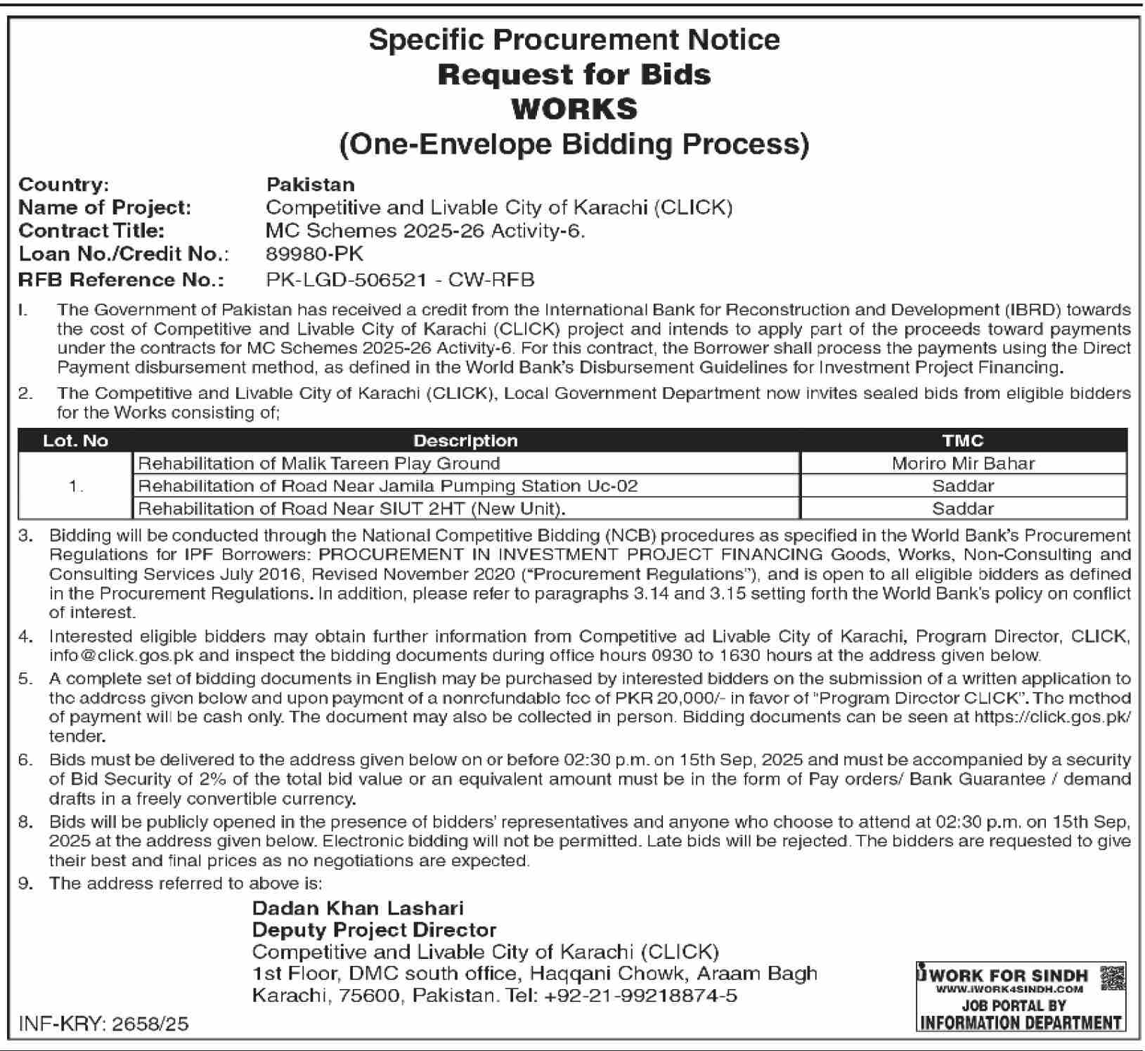 Competitive & Livable City of Karachi Tender Notice